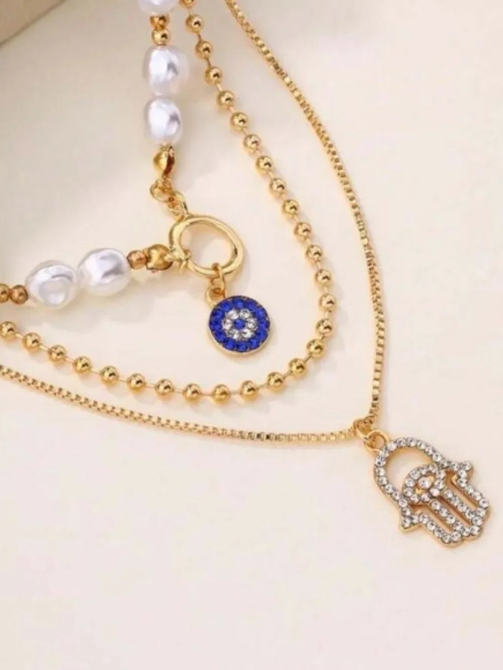 Gold 1pc Rhinestone Evil Eye Hamsa Hand Charm Layered Necklace - Picture 3 of 3